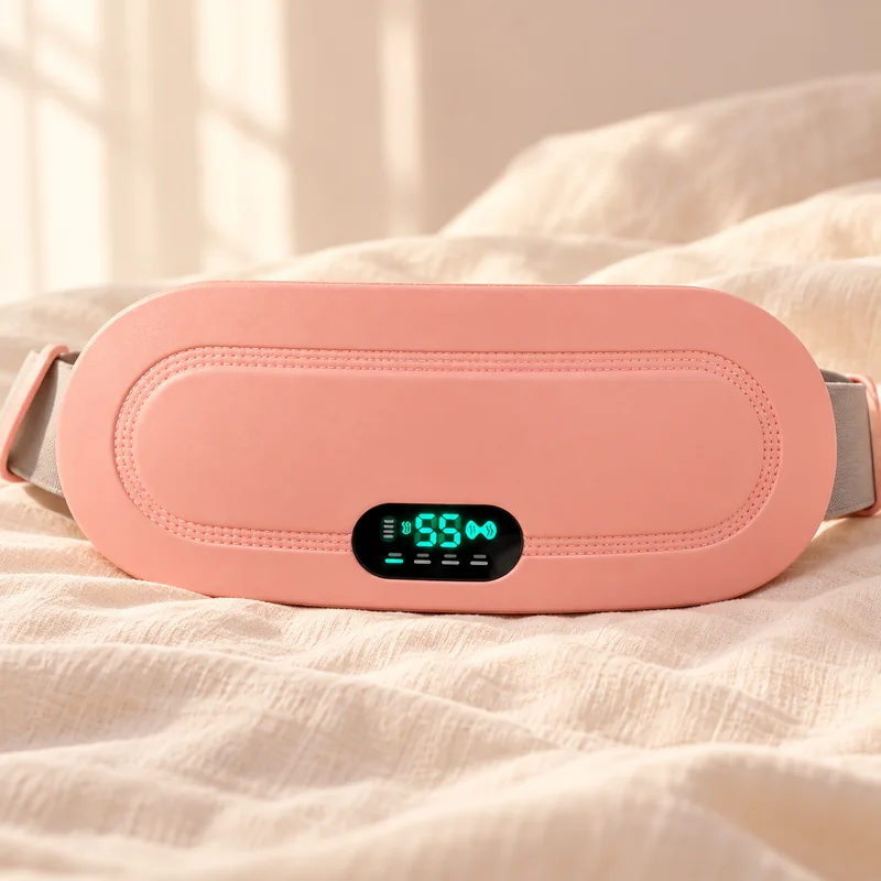 Cinta térmica rosa com visor digital oval sobre tecido creme