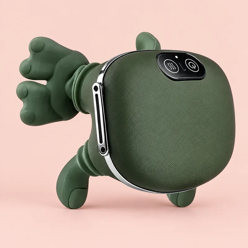 Massageador verde musgo com corpo texturizado, mãozinhas de silicone e painel de dois botões sobre fundo nude