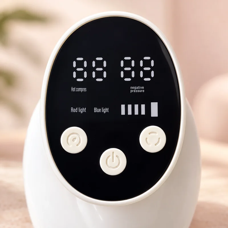 Detalhe do visor LED, das indicações de calor, ventosa e luzes e dos três botões táteis